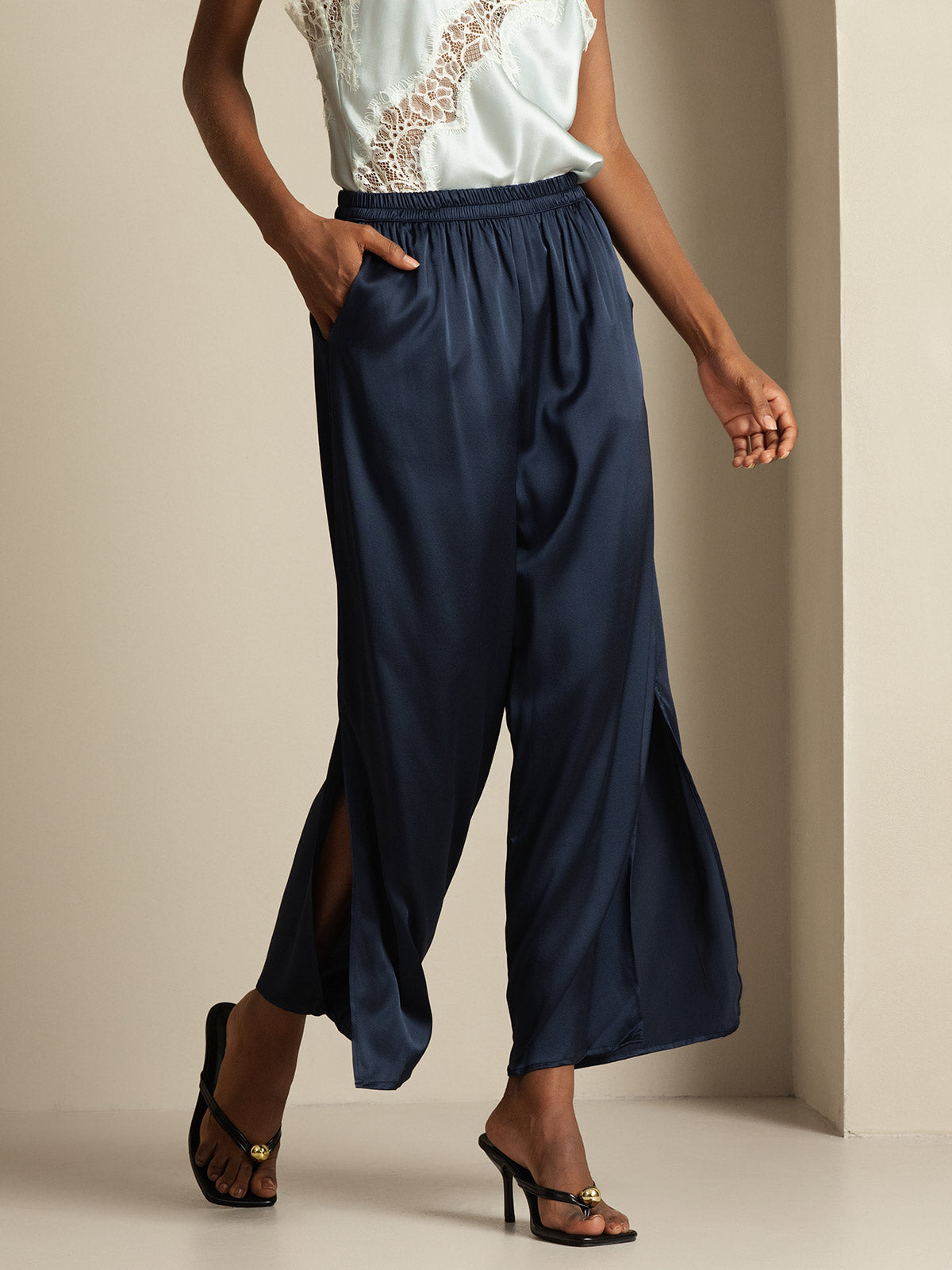 [Dark Blue] SilkSilky-AU 19Momme Silk Split Women's Pants 002,