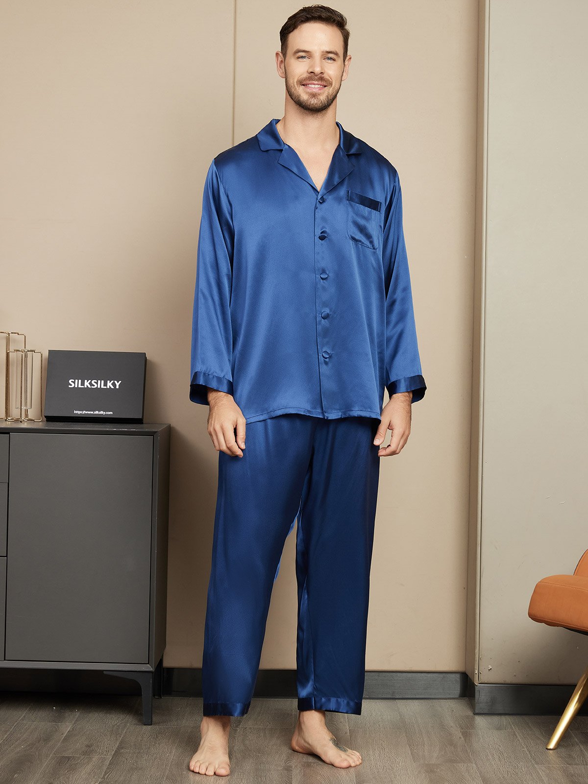 SilkSilky AU Pure Silk Long Sleeve Mens Pajamas DarkBlue 001