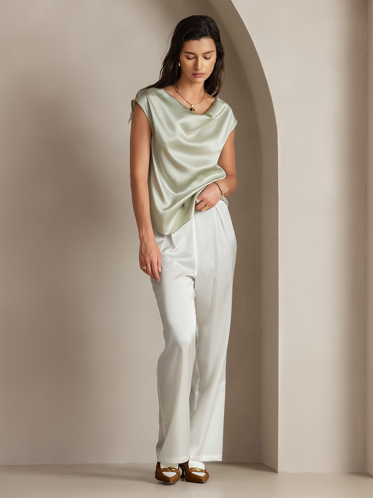 [Light Green] SilkSilky-AU 19Momme Silk Sleeveless Cowl Neck Women's T-Shirt 004