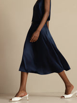 [Dark Blue] SilkSilky-AU 19Momme Stretch Silk Charmeuse Skirt 005
