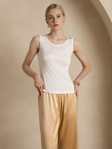 [White] SilkSilky-AU 100% Silk Jersey Sleeveless Round Neck Women's T-Shirt 005