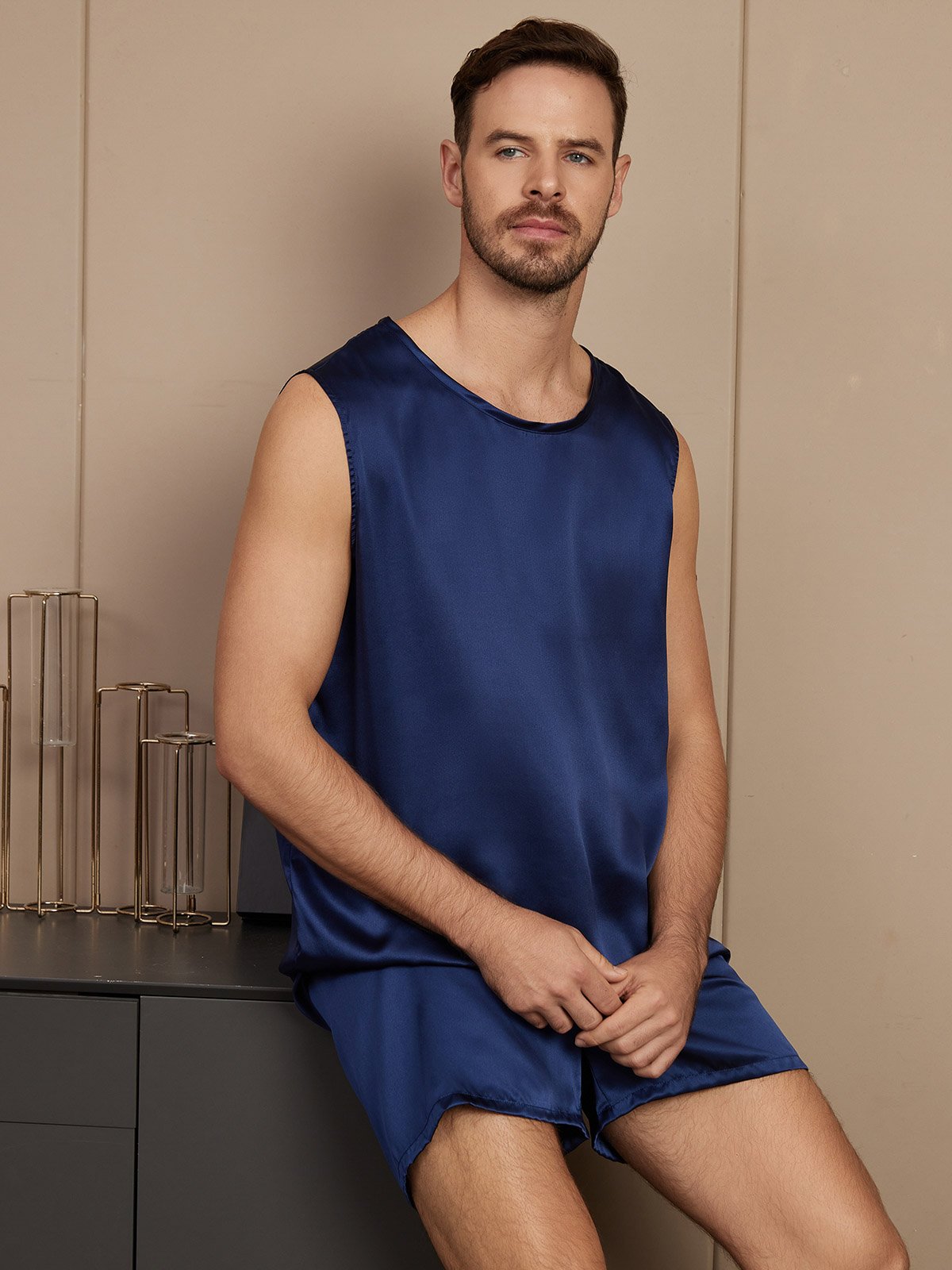 SilkSilky AU Pure Silk Sleeveless Round Neck Men's Pyjamas DarkBlue 003