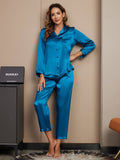 SilkSilky-AU Pure Silk Long Sleeve Lapel Women's Pyjamas Teal 004