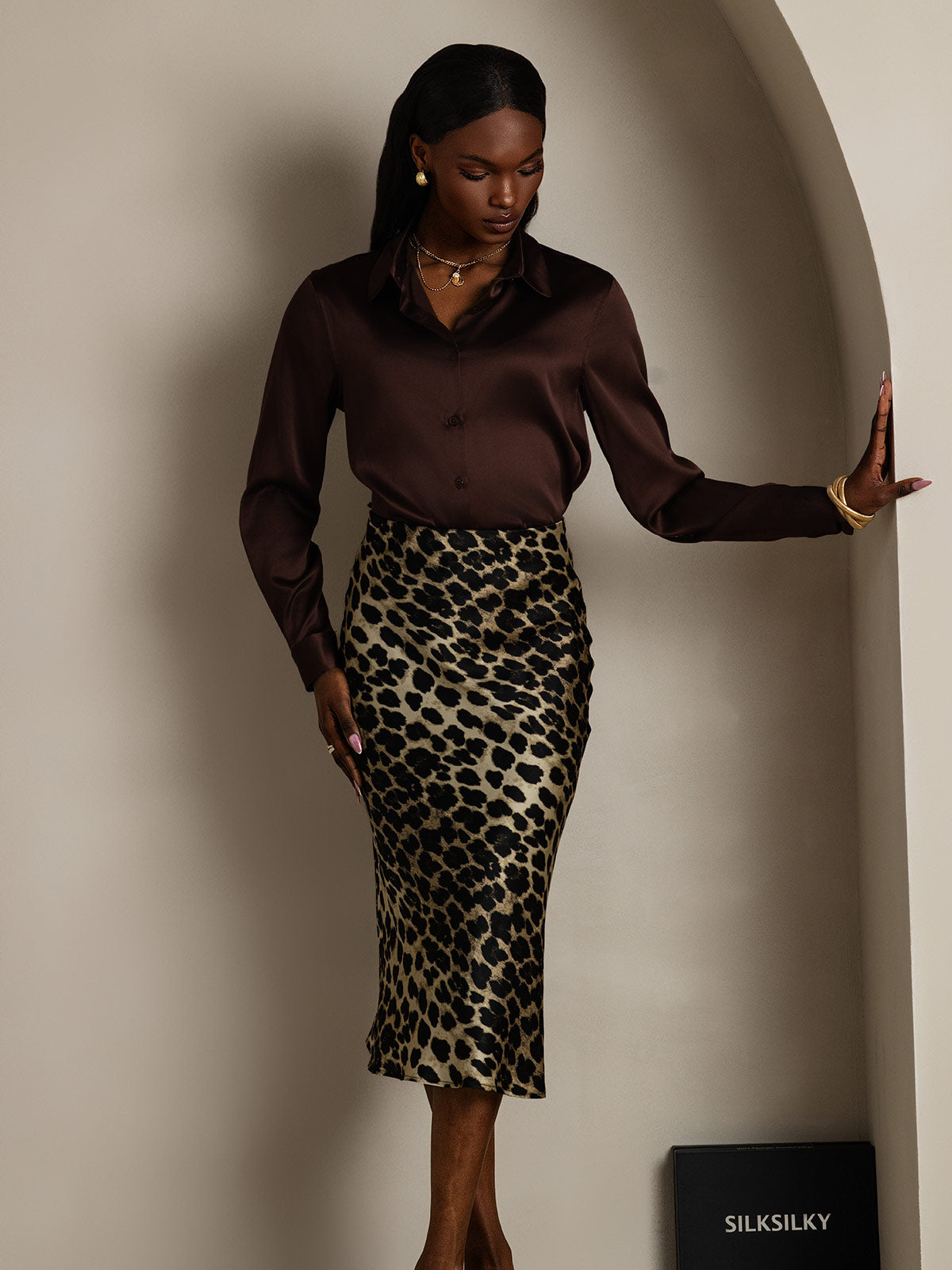 [Bitter Chocolate] SilkSilky-AU 19Momme Stretch Silk Charmeuse Long Sleeve Lapel Collar Women's Shirt 006