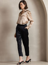 [Champagne] SilkSilky-AU 19Momme Stretch Silk Charmeuse Long Sleeve Lapel Collar Women's Shirt 008