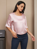 SilkSilky AU Pure Silk Half Sleeve Boat Neck Women's T Shirt Pink 003