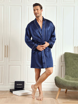 [Dark Blue] SilkSilky-AU Pure Silk 3/4 Sleeve Mens Robe 004