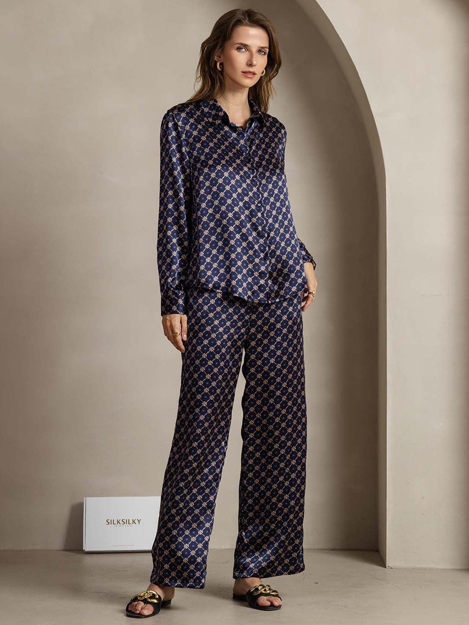[NavyChain] SilkSilky-AU 19Momme Silk Lapel Collar Women''s Outfit Sets 001