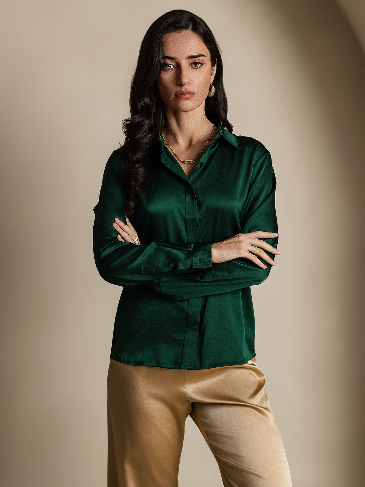 [Dark Green] SilkSilky-AU 19Momme Stretch Silk Charmeuse Long Sleeve Lapel Collar Women's Shirt 005
