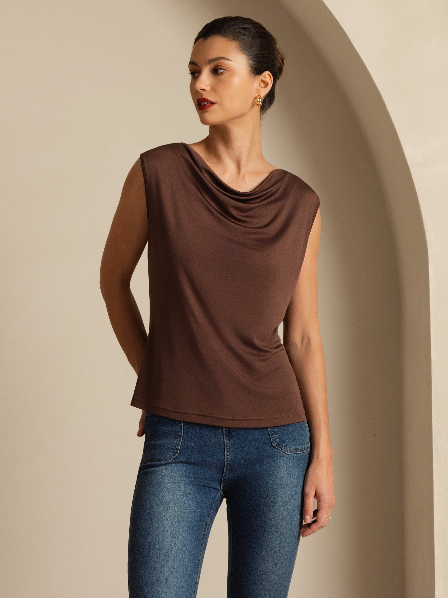 [Coffee] SilkSilky-AU 100% Silk Jersey Sleeveless Cowl Neck Women's T-Shirt 004