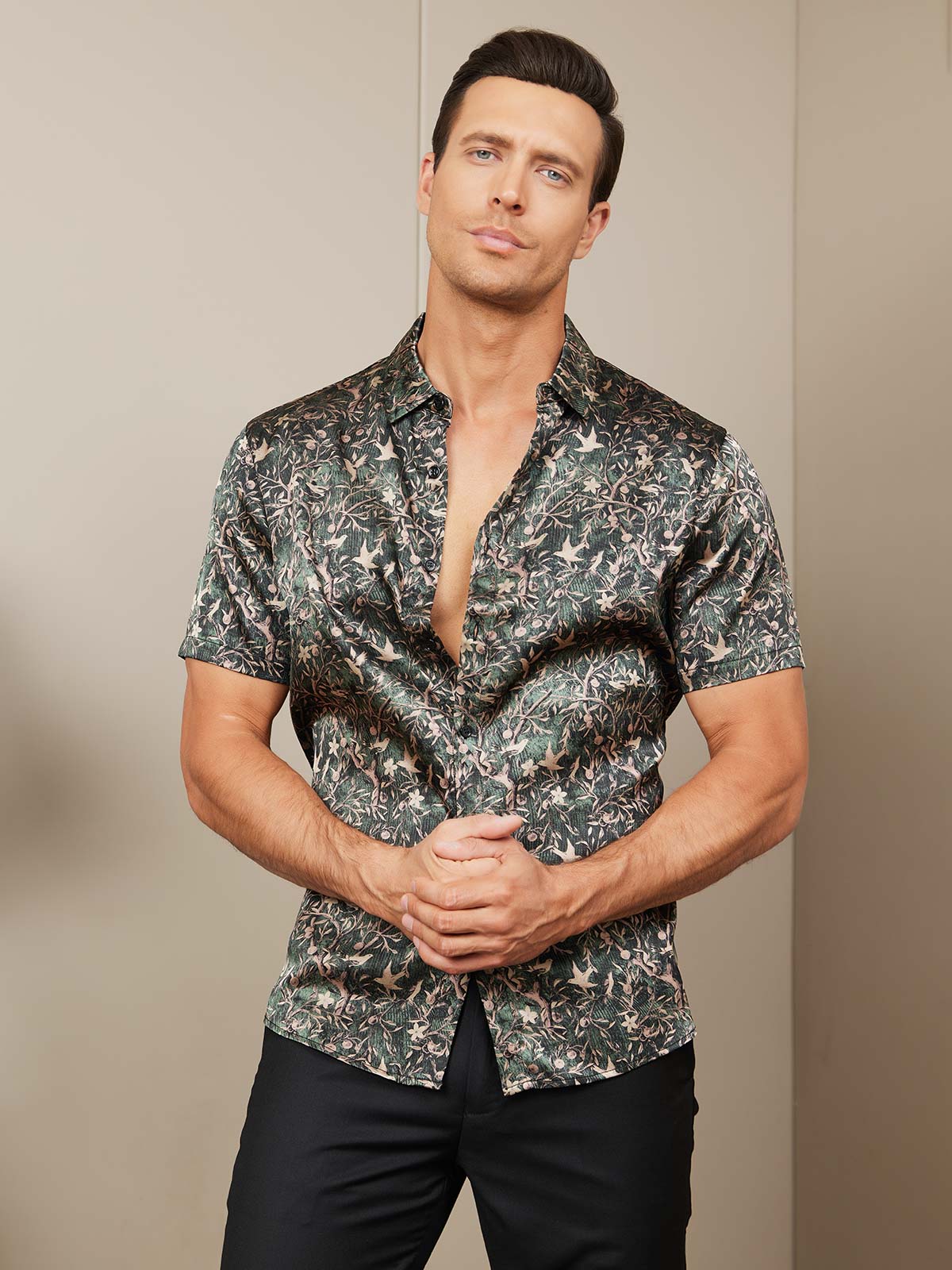 SilkSilky AU Silk Short Sleeve Collar Men's Shirt GrayishGreen 007