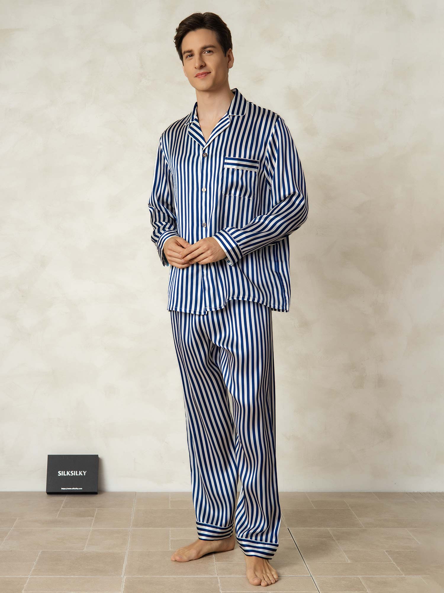 [Navy Stripe] SilkSilky-AU 19Momme Pure Silk Mens Pajamas 007