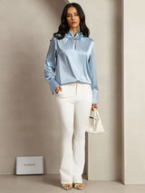 [Grayish Blue] SilkSilky-AU 19Momme Silk Keyhole Neck Women's Shirt 010