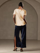 [Champagne] SilkSilky-AU 19Momme Stretch Silk Charmeuse Short Sleeve Boat Neck Women's T-Shirt 009