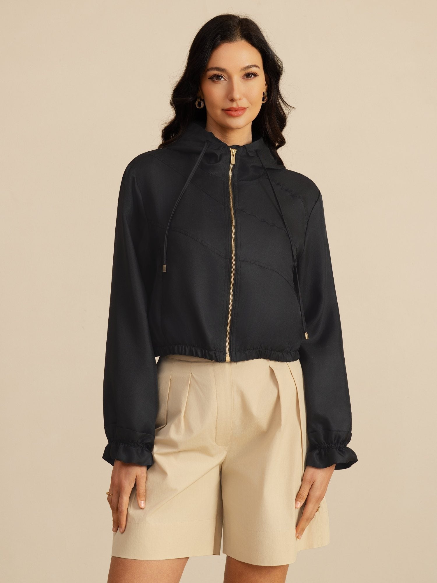 [Black] SilkSilky-AU 18Momme Silk Satin Surah Long Sleeve High Neck Women's Outerwear 001