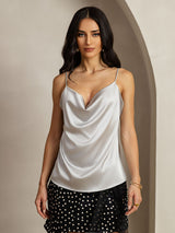 [Silver] SilkSilky-AU 19Momme Stretch Silk Charmeuse Spaghetti Strap Cowl Neck Camisole 001