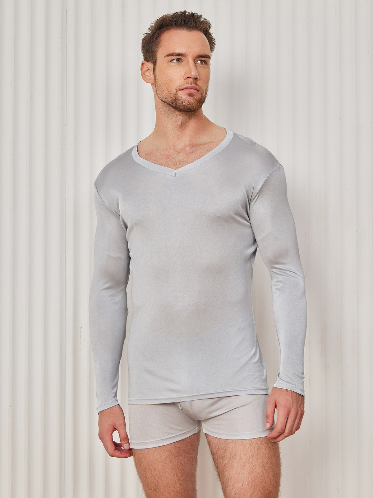 SilkSilky AU Silk Knitted Long Sleeve V Neck Men's T Shirt LightGray 004