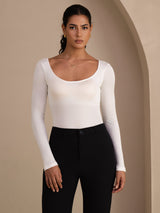 [White] SilkSilky-AU Long Sleeve U Neck Women's T-Shirt 001