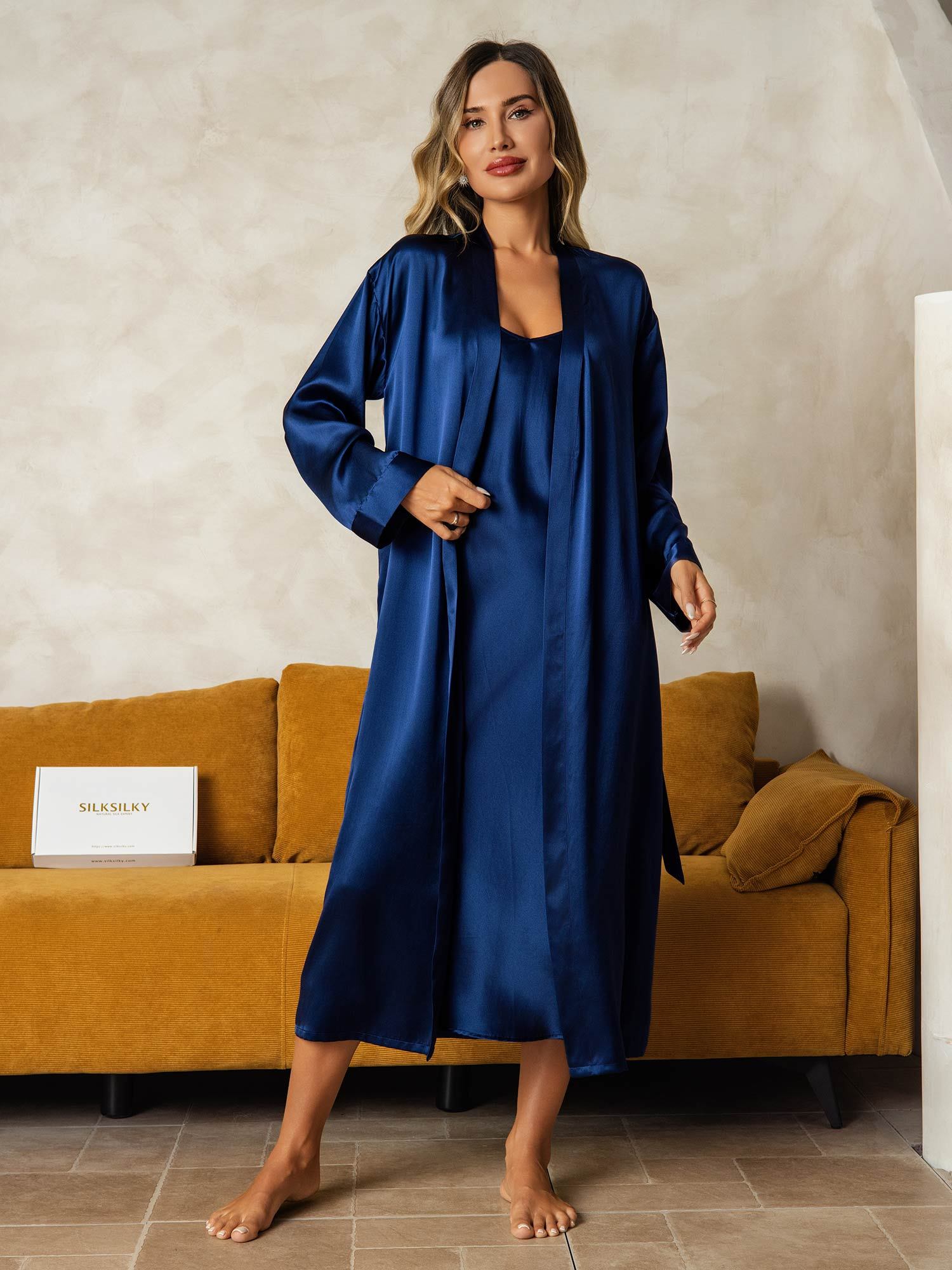[DarkBlue] SilkSilky-AU Pure Silk V Neck Nightgown&Dressing Gown Set 008
