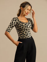 [Leopard] SilkSilky-AU 100% Silk Jersey Half Sleeve Scoop Neck Women's T-Shirt 005