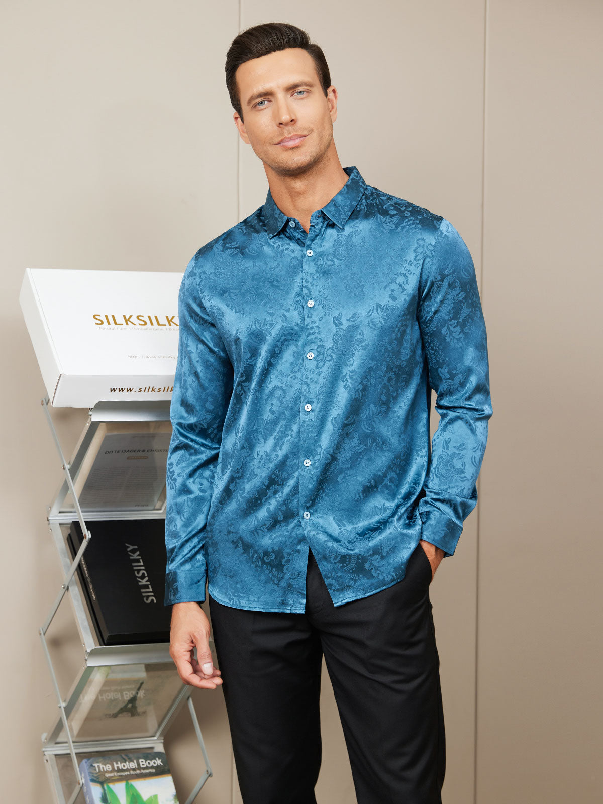 SilkSilky AU Silk Long Sleeve Collar Men's Shirt Teal 002