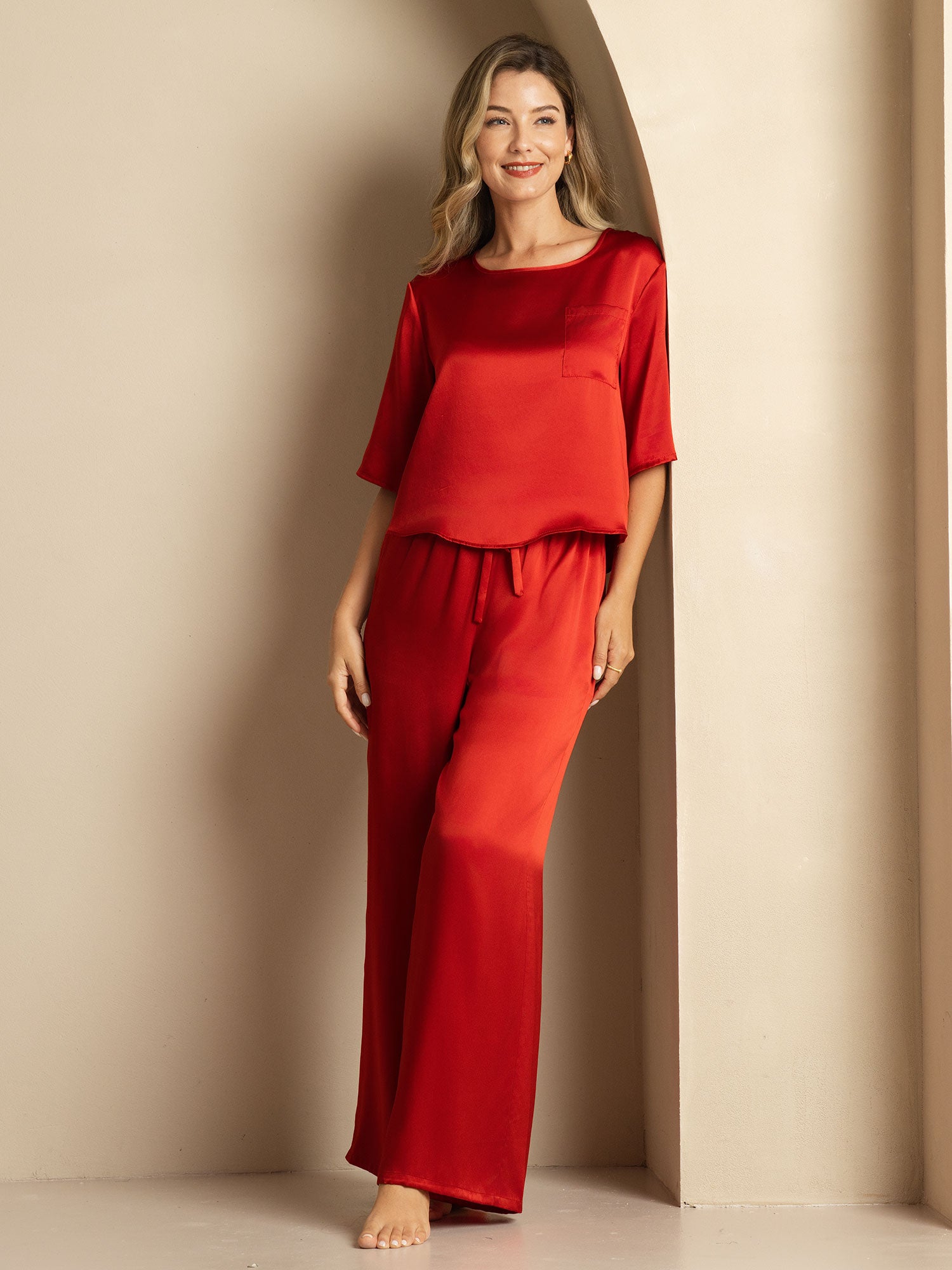 [Wine] SilkSilky-AU Pure Silk Round Neck Women's Pyjamas 006