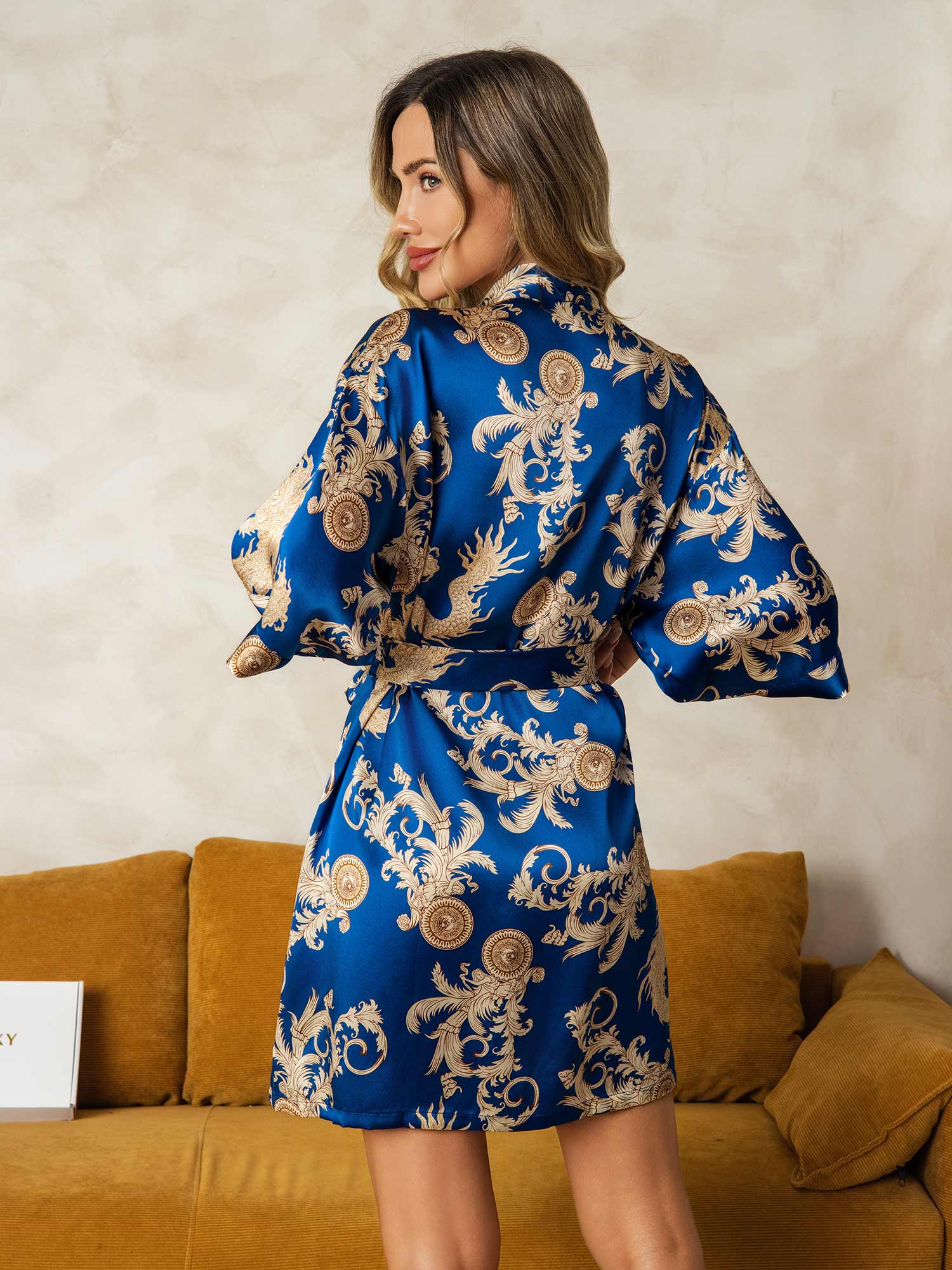 [Blue] SilkSilky-AU Pure Silk V Neck Women's Dressing Gown 002