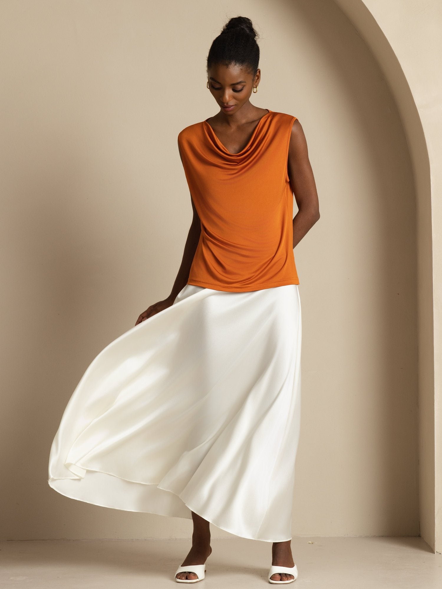 [Orange] SilkSilky-AU 100% Silk Jersey Sleeveless Cowl Neck Women's T-Shirt 004