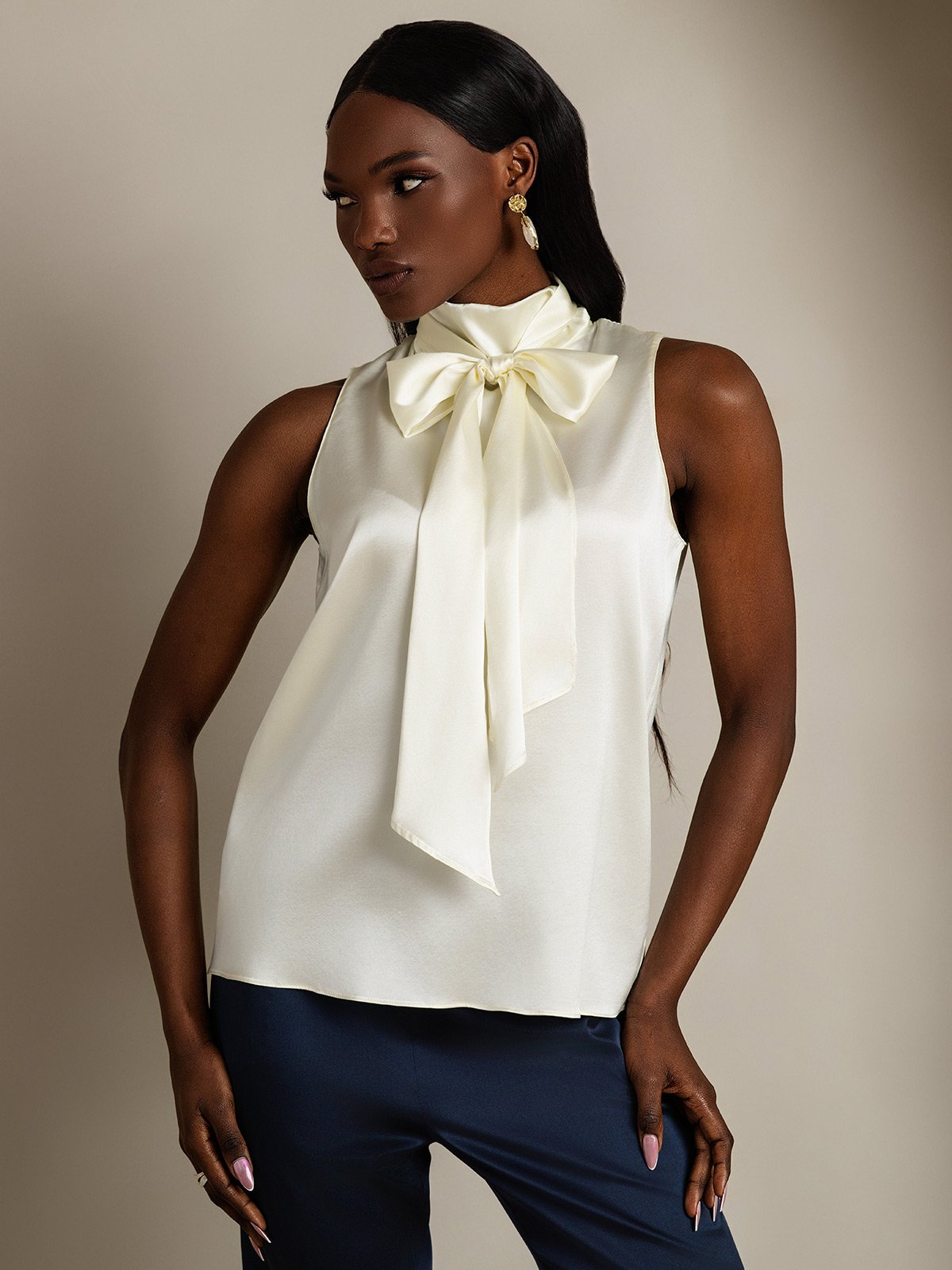 SilkSilky-AU 19Momme Silk Tie Neck Women's Shirt Ivory 003