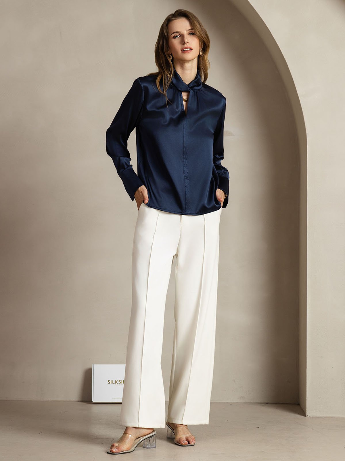 [DarkBlue] SilkSilky-AU 19Momme Silk Keyhole Neck Women's Shirt 008
