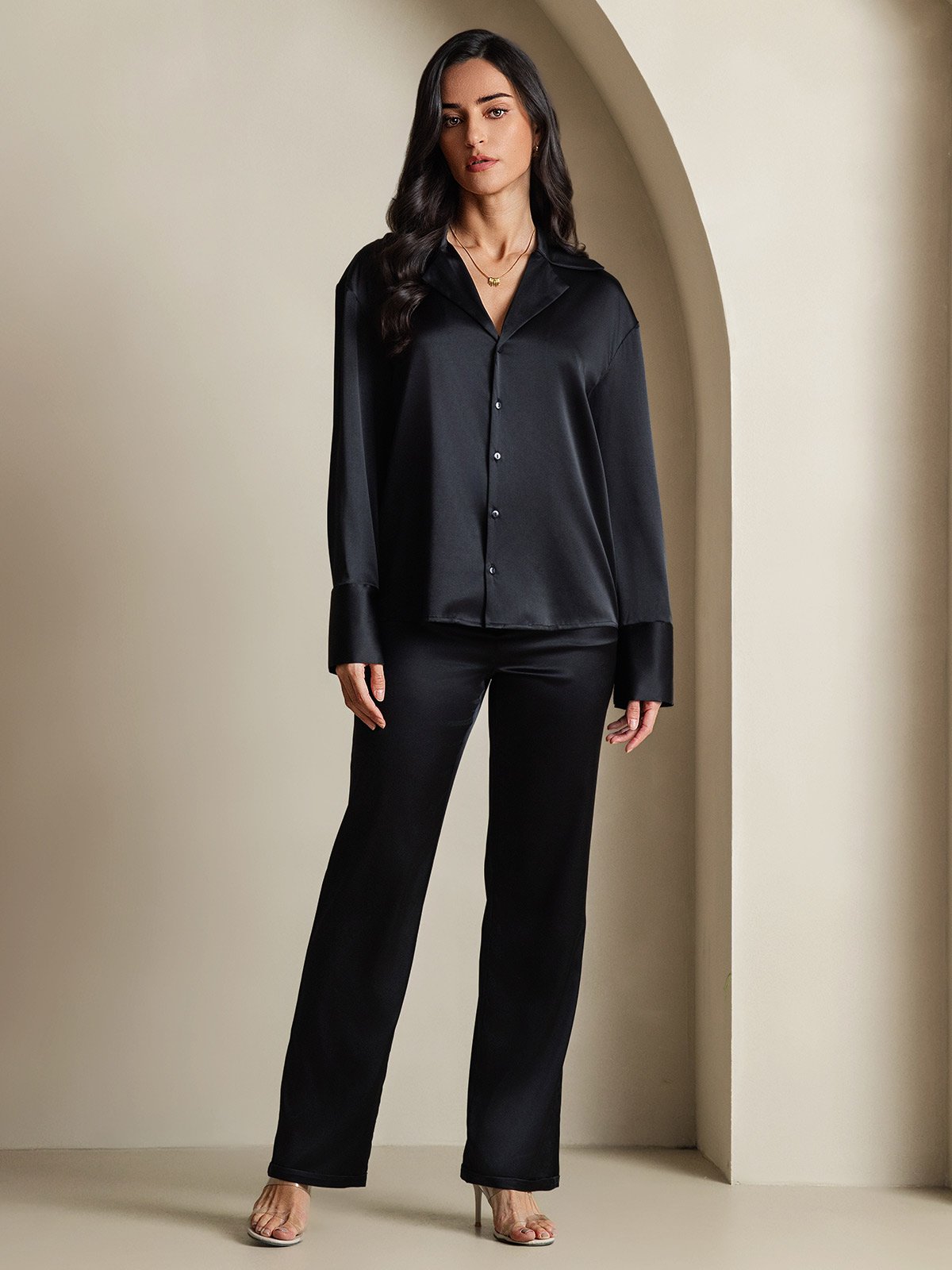SilkSilky-AU 19Momme Silk Long Sleeve Lapel Women's Shirt Black 006