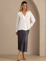 [White] SilkSilky-AU Long Sleeve Deep V Neck Women's Blouse 005