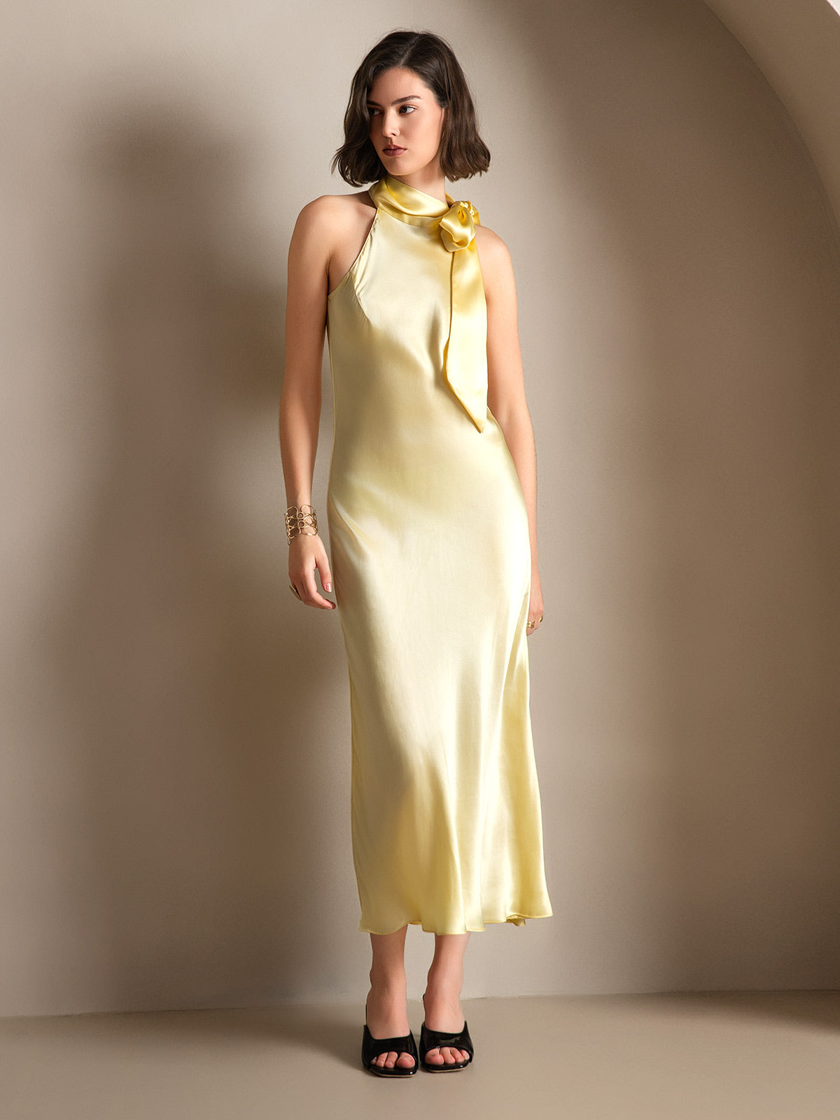 [Light Yellow] SilkSilky-AU 19Momme Silk Sleeveless Tie Neck Dress 001