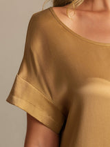 [Tan] SilkSilky-AU 19Momme Machine-Washable Silk Short Sleeve Round Neck Nightgown 004