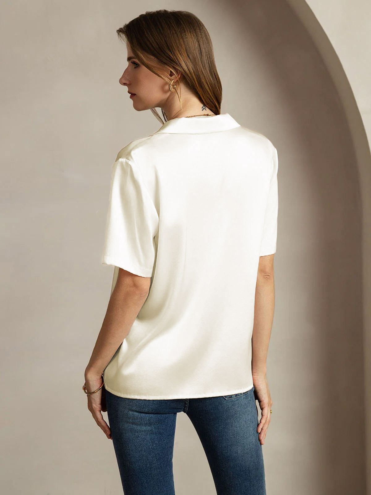 [Ivory] SilkSilky-AU 19Momme Silk Notched Neck Women's Shirt 002