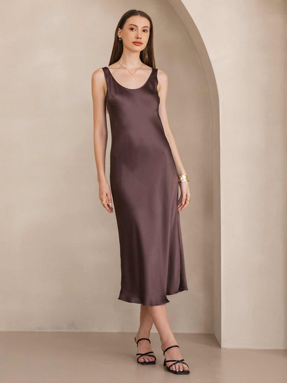 [Coffee] SilkSilky-AU Pure Silk Boat Neck Dress 001