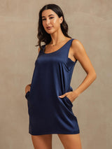 [Dark Blue] SilkSilky-AU 19Momme Machine-Washable Silk Sleeveless Scoop Neck Nightgown 007