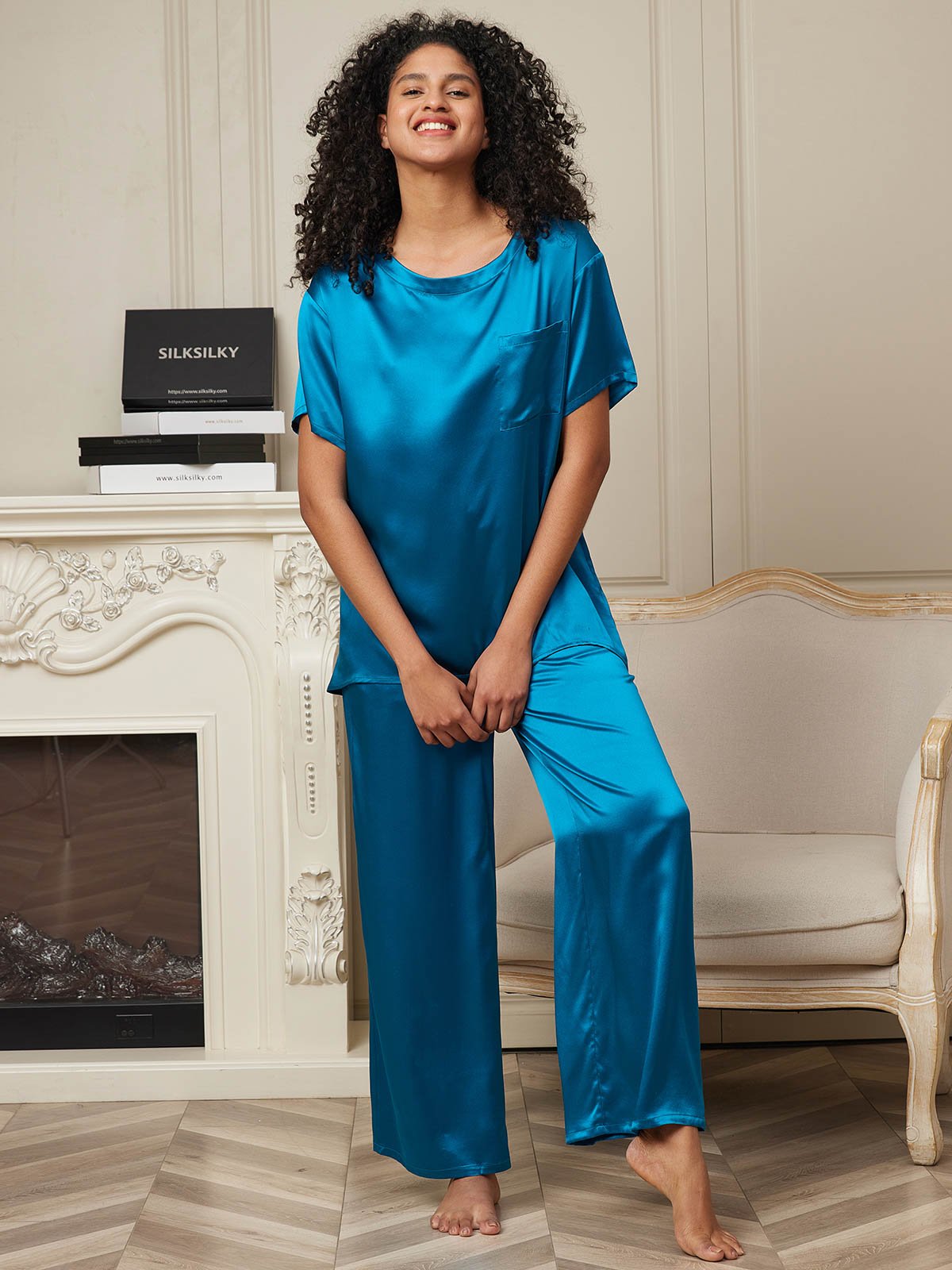 SilkSilky AU Pure Silk Short Sleeve Womens Pajamas Teal 003