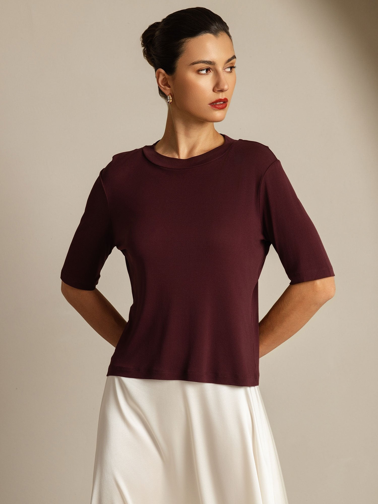 [Windsor Wine] SilkSilky-AU Pure Silk Round Neck Women's T-Shirt 001