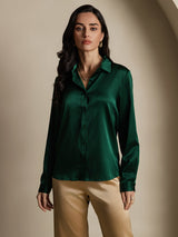 [Dark Green] SilkSilky-AU Long Sleeve Lapel Collar Women's Shirt 004