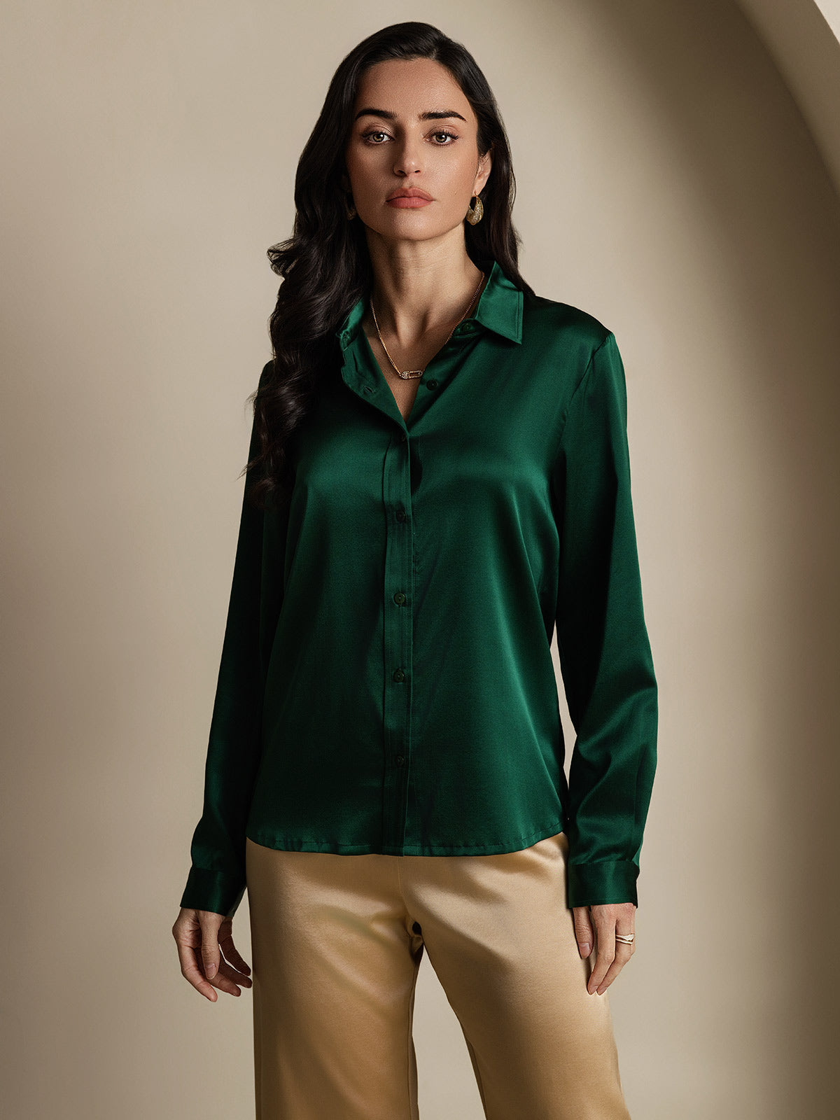 [Dark Green] SilkSilky-AU 19Momme Stretch Silk Charmeuse Long Sleeve Lapel Collar Women's Shirt 004