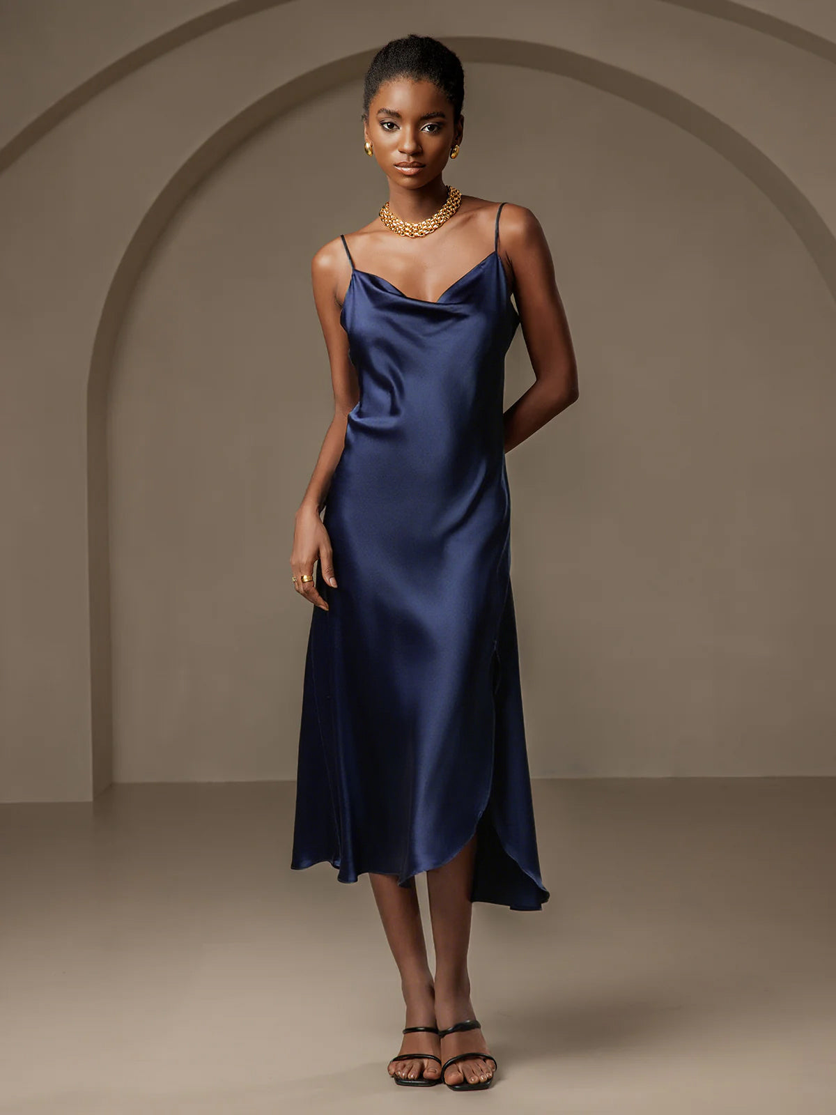 [Dark Blue] SilkSilky-AU 19Momme Pure Silk Cowl Neck Dress 001
