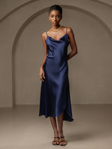 [Dark Blue] SilkSilky-AU Spaghetti Strap Cowl Neck Dress 001