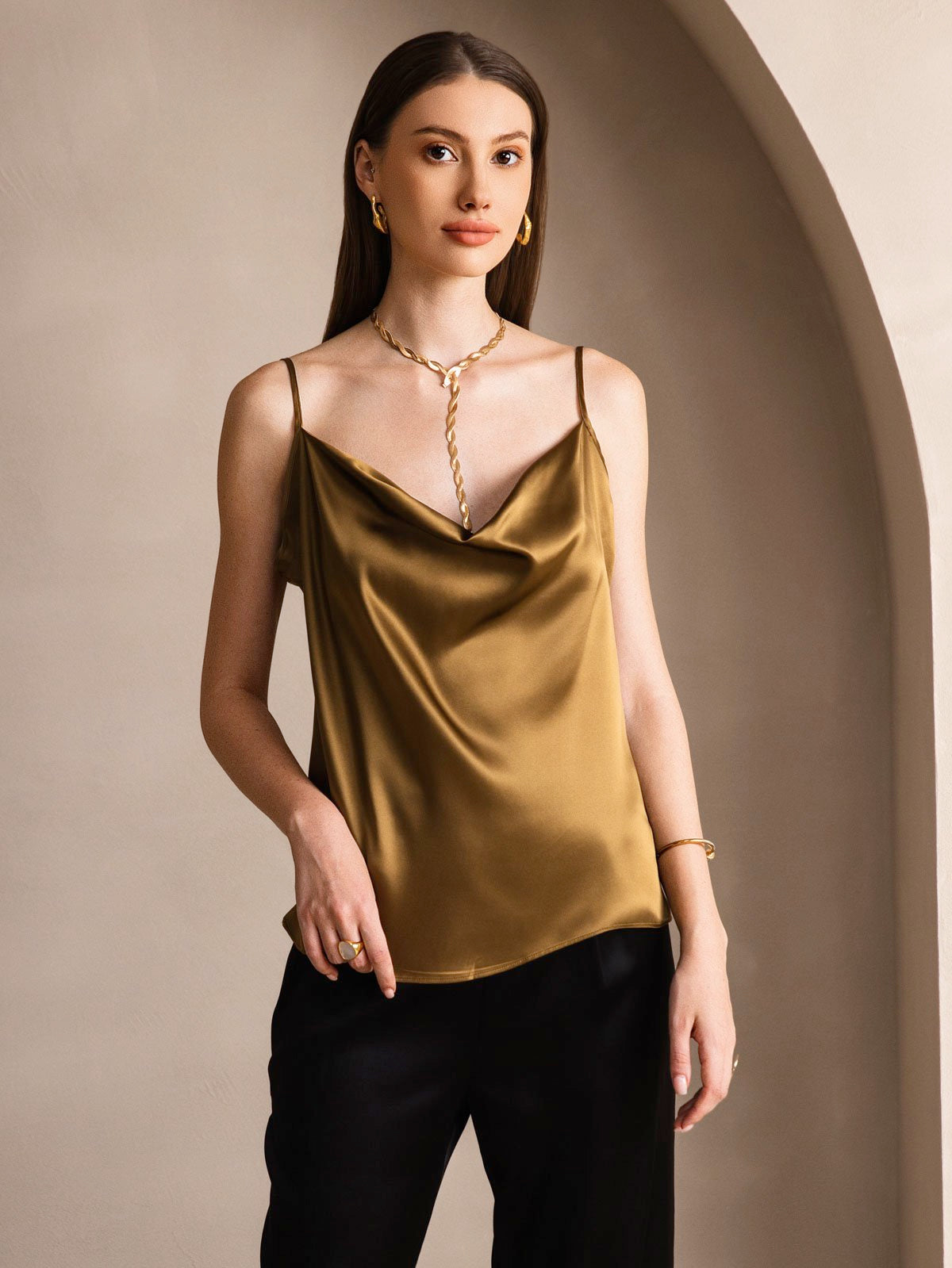 [Brown] SilkSilky-AU 19Momme Silk Cowl Neck Camisole 001