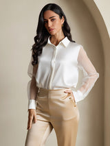 [White] SilkSilky-AU 19Momme Silk Lapel Collar Women's Shirt 001,