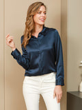 SilkSilky AU Silk Long Sleeve Collar Women's Shirt DarkBlue 001