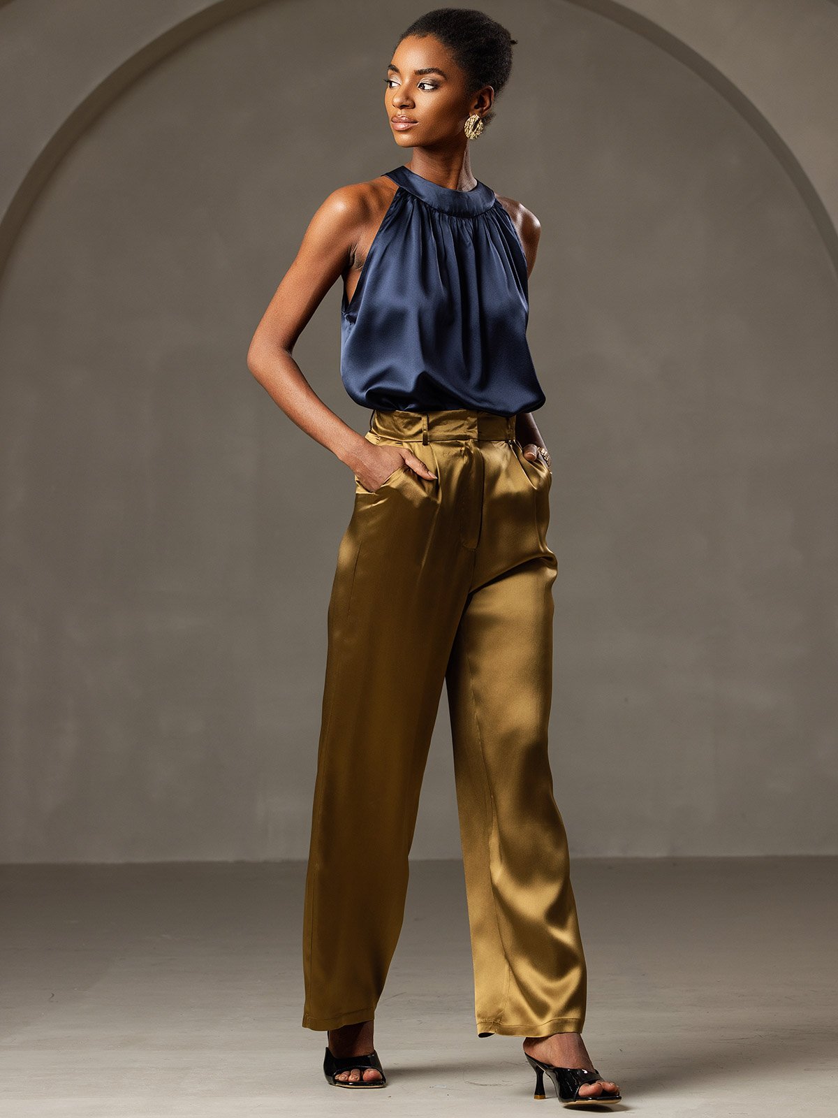 [Dark Blue] SilkSilky-AU 19Momme Silk Sleeveless Halter Neck Women's T-Shirt 006