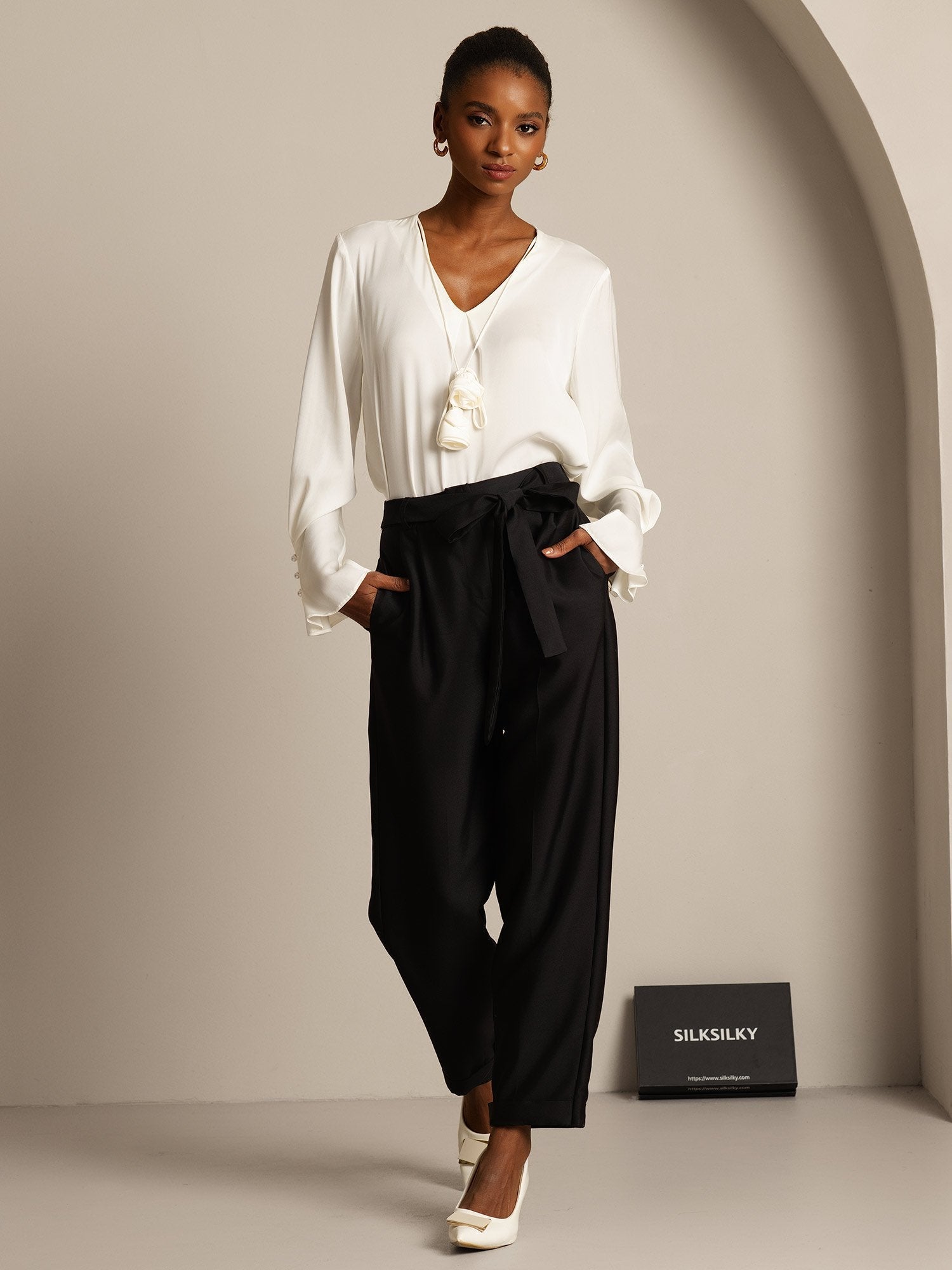 [Black] SilkSilky-AU 32Momme Wool Womens Pants 003,