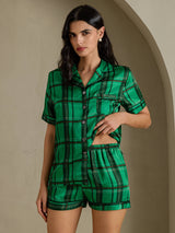 [Green Plaid] SilkSilky-AU Short Sleeve Notch Collar Women's Pyjamas 004