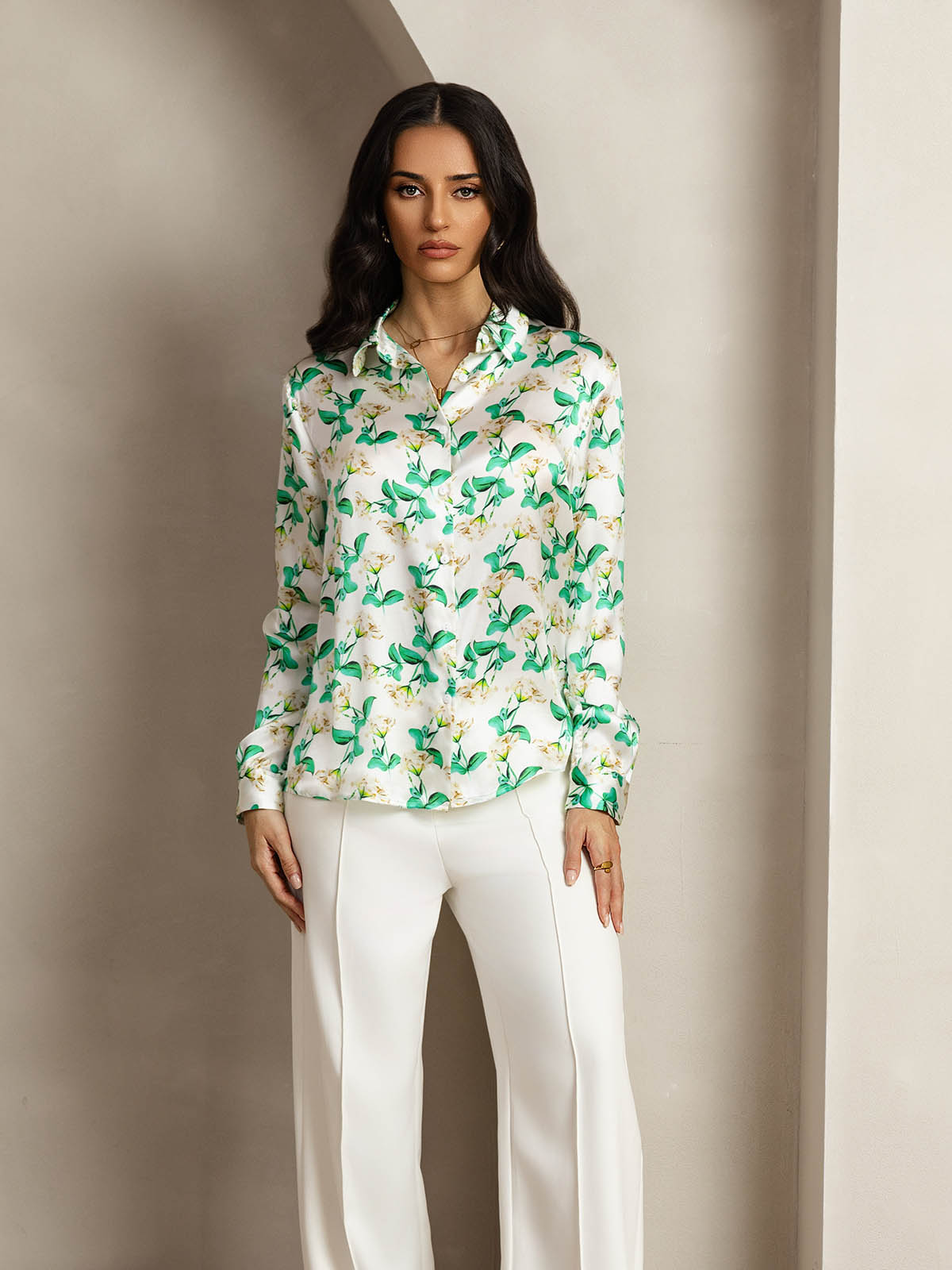 [Green Floral] SilkSilky-AU Silk Long Sleeve Lapel Collar Women's Shirt 003